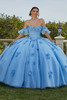 Bahama Blue quinceañera dress with floral appliqués and off-the-shoulder sleeves