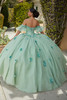Back view of Sage quinceañera dress with floating floral accents