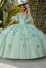 Sage ball gown with Chantilly lace bodice and floral appliqués