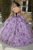 Back view of Orchid Garden quinceañera dress with printed floral skirt