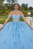 Bahama Blue quinceañera dress with off-the-shoulder sleeves and crystal details