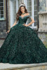 Emerald sequin velvet ball gown with crystal beaded neckline
