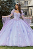 Lavender Moss ball gown with crystal beaded floral appliqués and princess sleeves