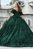 Emerald sequined velvet quinceañera ball gown with strapless sweetheart bodice, front
