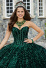Emerald sequined velvet quinceañera ball gown, strapless, full-length front view