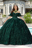 Emerald sequined velvet quinceañera ball gown with detachable pouf sleeves, full length