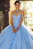 Bahama Blue quinceañera dress with jeweled chandelier straps