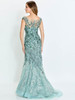 Back view of Montage M522 sage embroidered tulle gown with illusion back