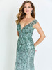 Close-up front view of Montage M522 beaded embroidered bodice with V-neckline