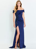 Front view of Montage M535 navy gown with detachable lace slit inset and beaded detail