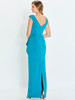 Back view of Montage M537 peacock sheath gown with V-back neckline