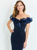 Close-up front view of Montage M538 organza ruffle neckline on navy gown