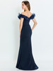 Back view of Montage M538 navy fit-and-flare gown with off-the-shoulder neckline