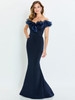 Front view of Montage M538 navy crepe mother of the bride dress with organza ruffles