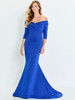 Front view of Montage M540 royal blue off-the-shoulder mother dress