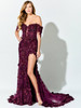 Burgundy off-shoulder gown with 3D florals, sheer bodice, and thigh-high slit