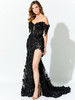 Front view of Ivonne D ID915 black and nude lace gown with side slit
