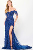 Front view of Ivonne D ID915 blue willow lace gown with side slit
