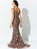 An elegant V-back and flared skirt complete this allover embroidered evening look