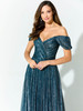 Crisscross pleating and subtle shimmer define this sweetheart off-shoulder neckline