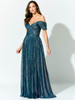 Teal metallic gown stuns with off-shoulder pleated sleeves and a flowing A-line silhouette