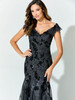 Intricate floral embroidery frames the neckline and bodice with soft, off-shoulder charm