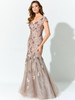 Blush tulle and champagne embroidery add softness to this graceful cap-sleeve gown
