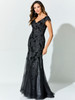 Black lace applique and tonal sparkle define this elegant trumpet gown with cap sleeves