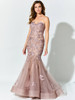 A strapless sweetheart neckline and sheer flared hem soften this embroidered blush silhouette