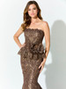 A beaded floral appliqué adds dimension to this peplum lace silhouette with vintage charm
