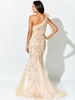 Back view of champagne nude Ivonne D ID922 fit-and-flare gown with detachable feather shoulder detail