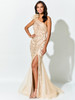 Front view of champagne nude Ivonne D ID922 one-shoulder beaded mother of the bride dress