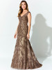 Mocha lace embroidery sculpts a V-neck silhouette with soft cap sleeves and sheer tulle flare