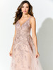 Close-up of pink topaz Ivonne D ID924 embroidered V-neck bodice with beaded waist