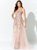 Blush gown sparkles with tonal embroidery, sheer layers, and a flattering V-neckline