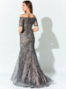 Scalloped lace and illusion sleeves frame the back of this curve-hugging silhouette