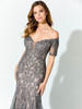 Illusion plunge and embroidered edges elevate this soft, romantic off-shoulder design