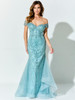 Oceanic sparkle radiates across this off-shoulder mermaid gown with layered tulle godets