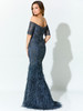 Back view of blue slate Ivonne D ID927 mermaid gown with feather skirt