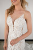Detail view D3919 plunging neckline and graphic lace wedding dress