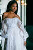 Detail view D4029 scoop neckline and embroidered lace wedding dress
