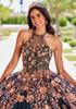 Forest Rose Gold quinceañera dress with halter neckline and floral beadwork
