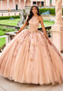 Rose Gold ball gown with floral appliqués and sparkling embellishments