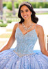 Light blue quinceañera dress with V-neck bodice and floral details