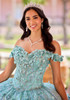 Sage quinceañera dress with floral sweetheart bodice and beadwork