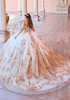 Back view of Ivory Gold quinceañera gown with cathedral train