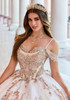 Ivory Gold quinceañera dress with scoop sweetheart neckline
