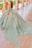 Princesa PR30157 sage quinceanera gown back view with train