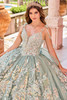 Floral applique bodice detail on Princesa PR30157 sage gown