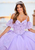Lilac ball gown with detachable puff sleeves and lace appliqué